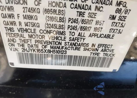 2008 Honda Ridgeline Rtl from USA, damaged, VIN 2HJYK165X8H510123